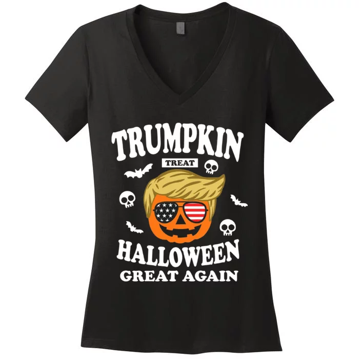 Halloween Funny Trumpkin Treat Halloween Great Again Women's V-Neck T-Shirt