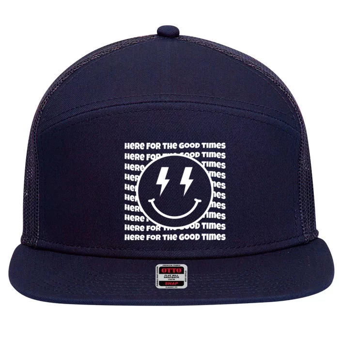 Here For The Good Times Retro Smile 7 Panel Mesh Trucker Snapback Hat