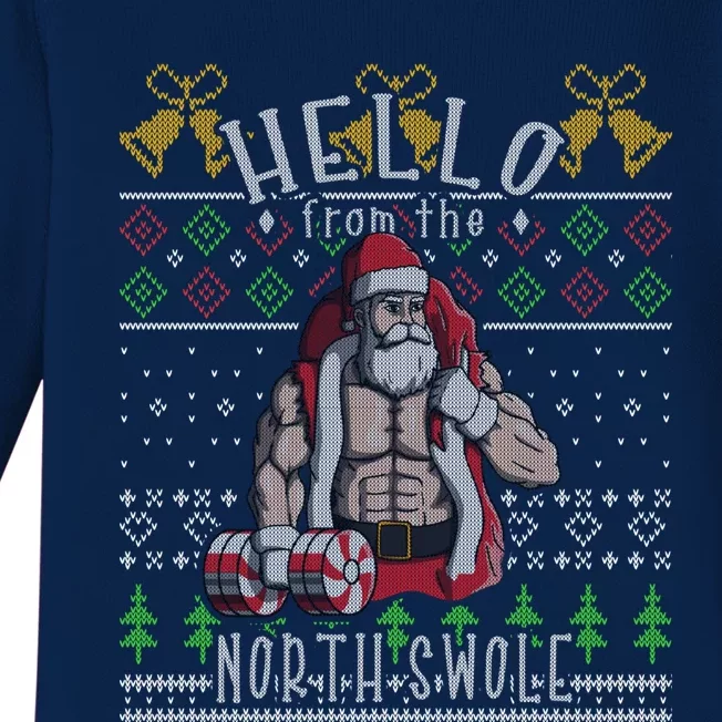 Hello From The North Swole Santa Claus Ugly Christmas Gym Cute Gift Baby Long Sleeve Bodysuit