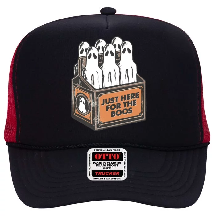 Here For The Boos Halloween 6 Pack Booze Ghost Beer Bottles Funny Humorous Retro High Crown Mesh Trucker Hat