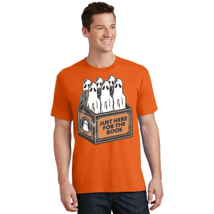 Here For The Boos Halloween 6 Pack Booze Ghost Beer Bottles Funny Humorous Retro T-Shirt