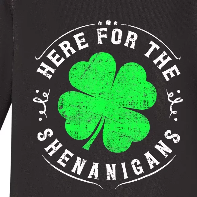 Here For The Shenanigans St Patricks Day Baby Long Sleeve Bodysuit