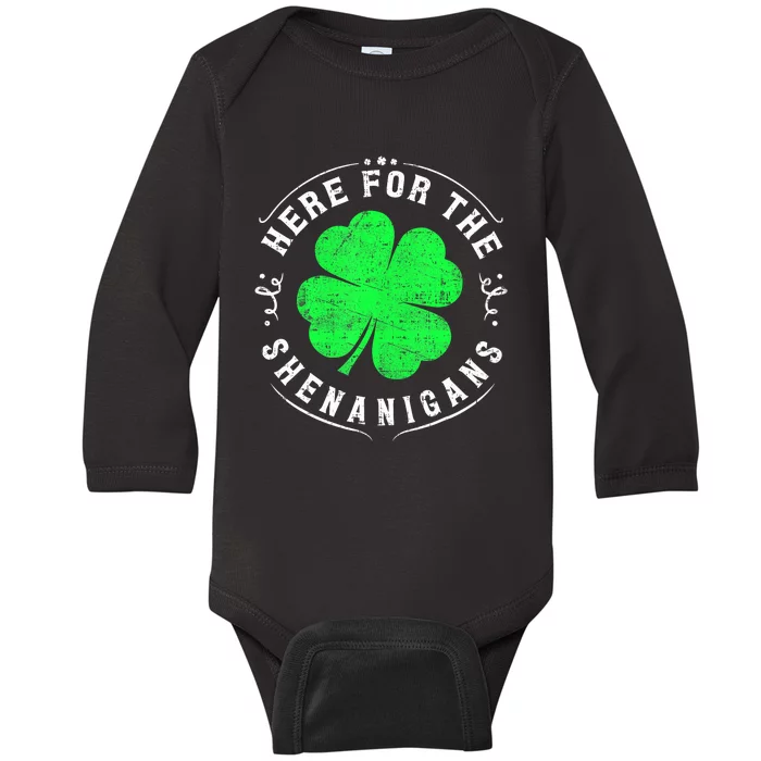 Here For The Shenanigans St Patricks Day Baby Long Sleeve Bodysuit