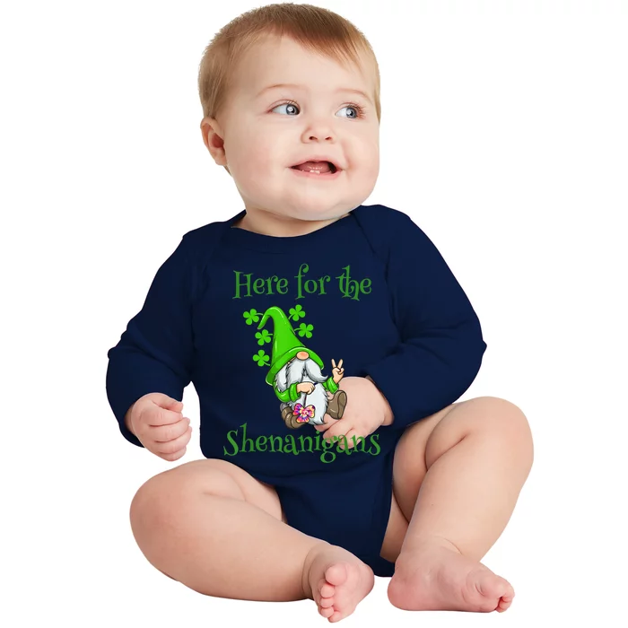 Here For The Shenanigans Gnome St Patricks Day Baby Long Sleeve Bodysuit