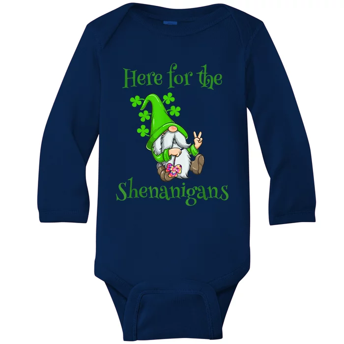 Here For The Shenanigans Gnome St Patricks Day Baby Long Sleeve Bodysuit