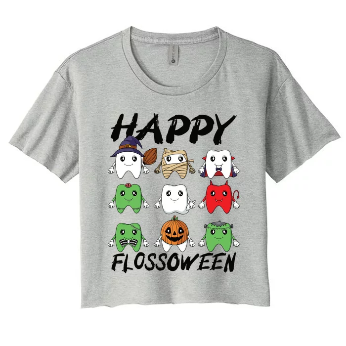 Happy Flossoween Teeth Dental Assistant Dentist Halloween Gift Women's Crop Top Tee