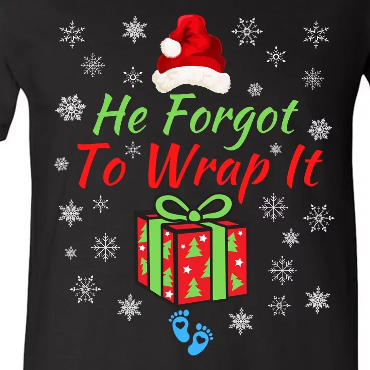 He Forgot To Wrap It Adult Humor Christmas Baby Christmas Pregnancy Reveal V-Neck T-Shirt