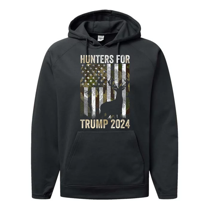 Hunters For Trump 2024 President Camouflage Deer Elk Antlers Performance Fleece Hoodie