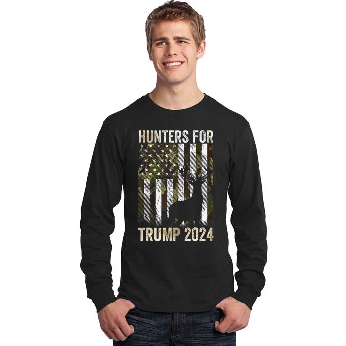 Hunters For Trump 2024 President Camouflage Deer Elk Antlers Tall Long Sleeve T-Shirt