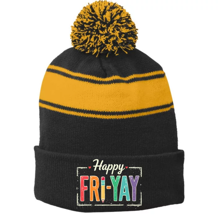 Happy Friyay Teacher Essentials Stripe Pom Pom Beanie