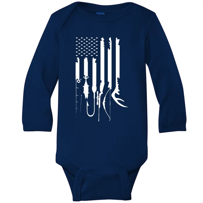 Hunting Fishing USA Flag American Themed Decor Baby Long Sleeve Bodysuit