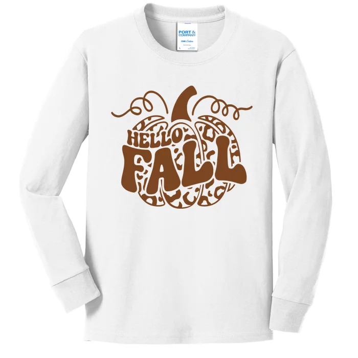 Hello Fall Vibes Leopard Pumpkin Kids Long Sleeve Shirt