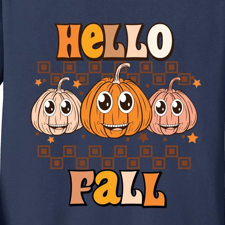 Hello Fall Vibes Autumn Season Thanksgiving Pumpkin Spice Funny Kids Long Sleeve Shirt