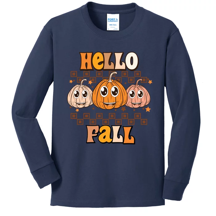 Hello Fall Vibes Autumn Season Thanksgiving Pumpkin Spice Funny Kids Long Sleeve Shirt