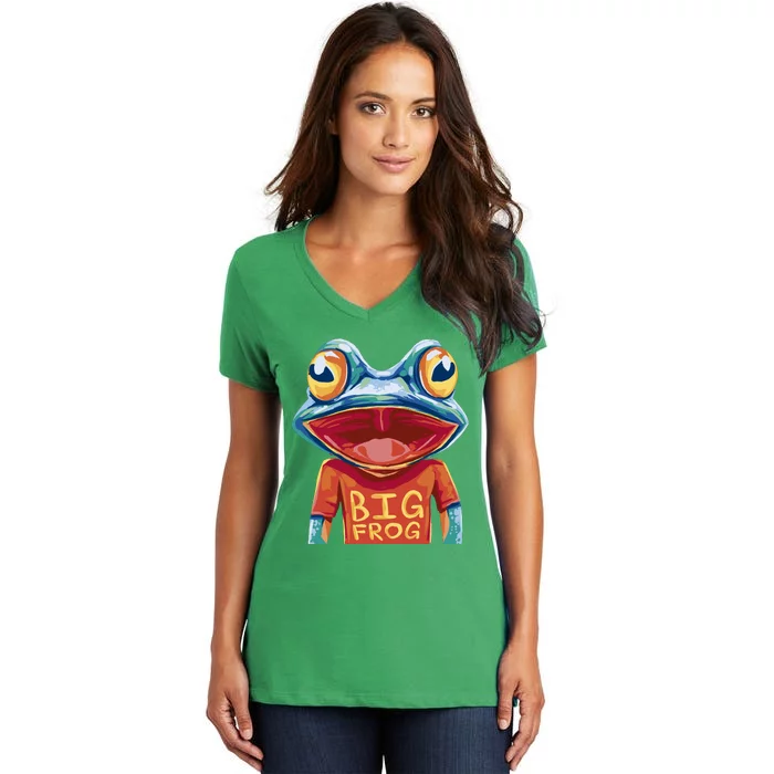 Happy Frog With Big Eyes Women's V-Neck T-Shirt