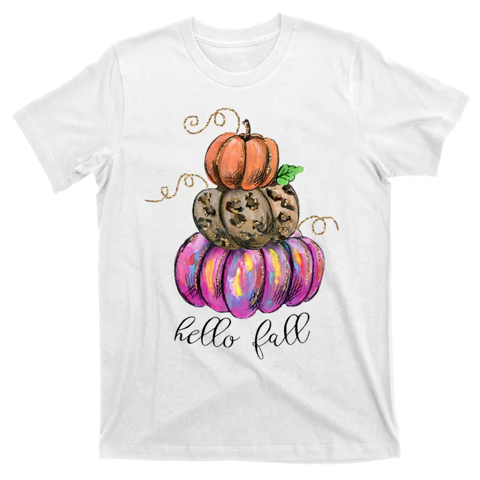 Hello Fall Watercolor Pumpkin Colorful Pumpkin Thanksgiving T-Shirt