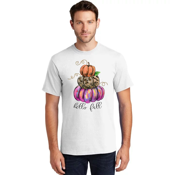 Hello Fall Watercolor Pumpkin Colorful Pumpkin Thanksgiving Tall T-Shirt