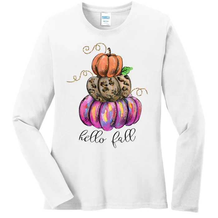 Hello Fall Watercolor Pumpkin Colorful Pumpkin Thanksgiving Ladies Long Sleeve Shirt