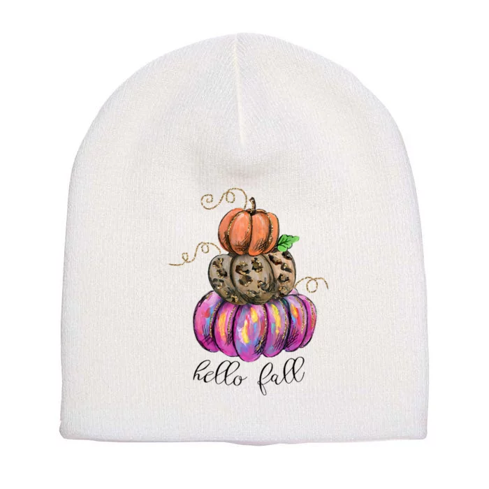 Hello Fall Watercolor Pumpkin Colorful Pumpkin Thanksgiving Short Acrylic Beanie