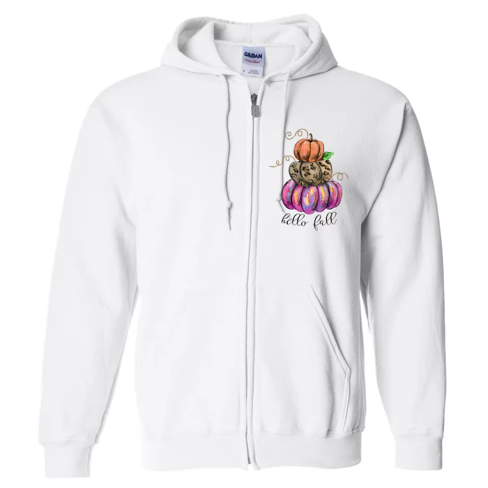 Hello Fall Watercolor Pumpkin Colorful Pumpkin Thanksgiving Full Zip Hoodie