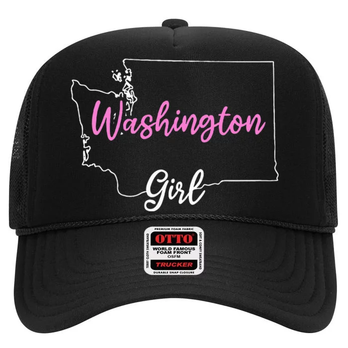 Home Funny W.A.S.H.I.N.G.T.O.N S.T.A.T.E Girl High Crown Mesh Trucker Hat