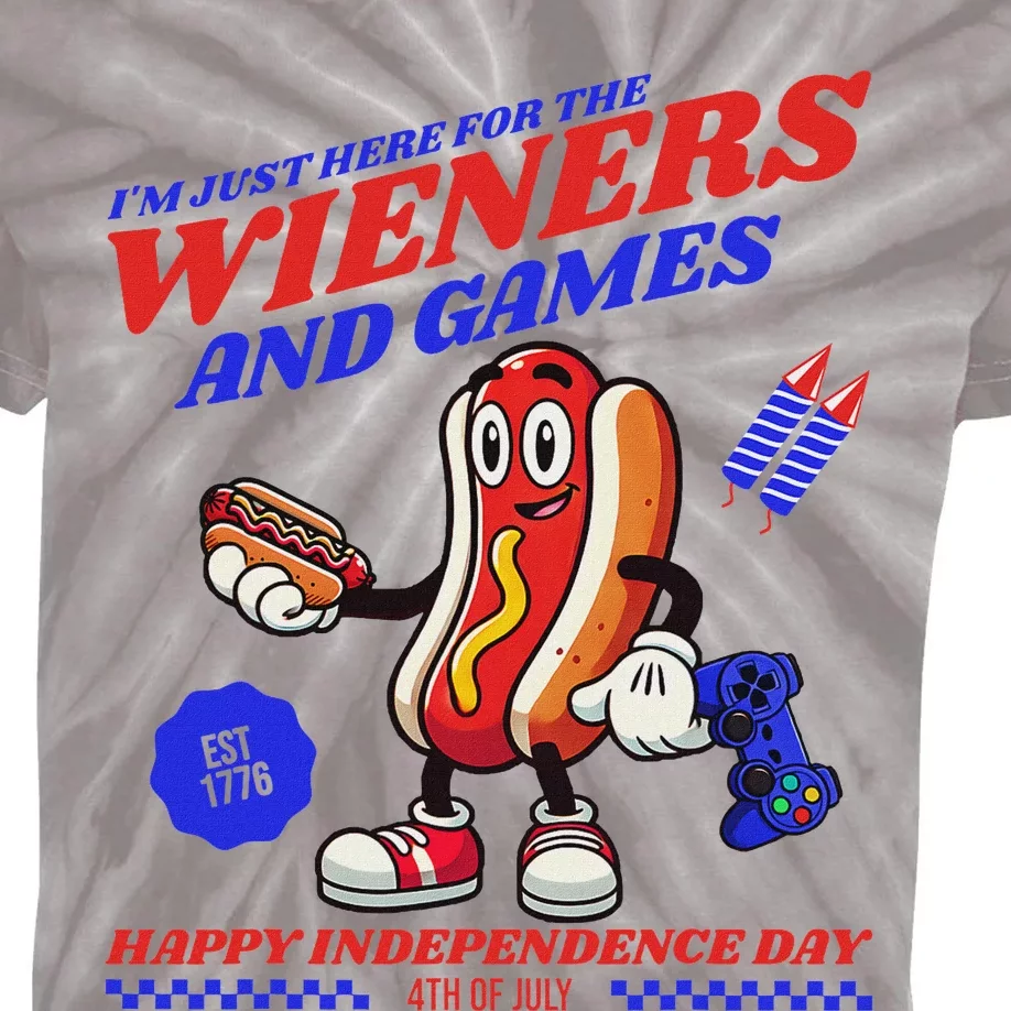 Here For Wieners 4th Of July Hotdog Design Kids Tie-Dye T-Shirt