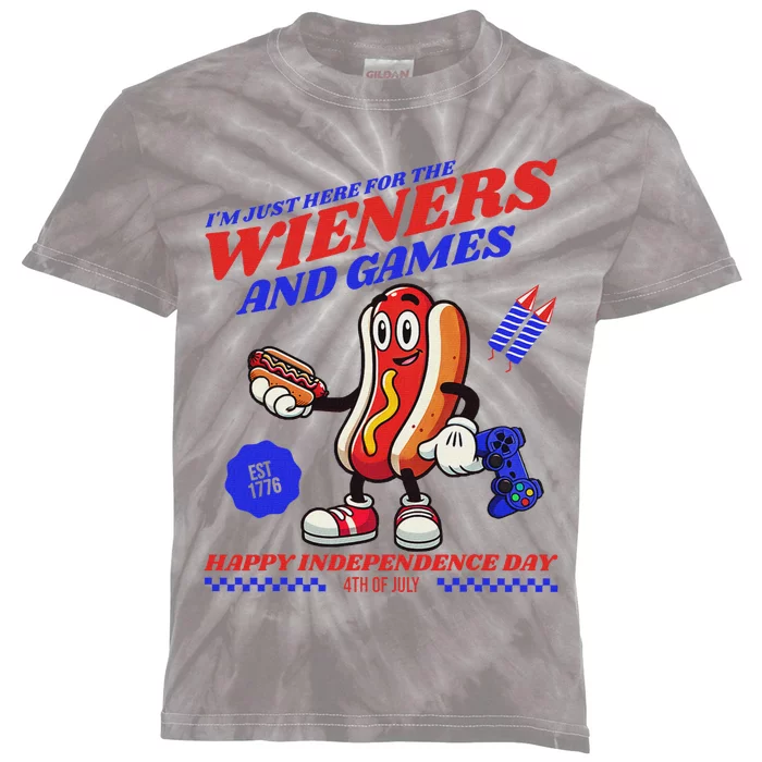 Here For Wieners 4th Of July Hotdog Design Kids Tie-Dye T-Shirt