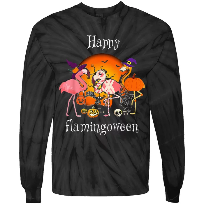 Happy Flamingoween Witch Pumpkin Flamingo Halloween Costume Tie-Dye Long Sleeve Shirt