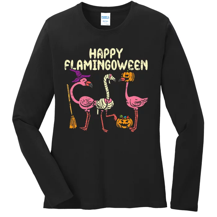 Happy Flamingoween Witch Pumpkin Mummy Flamingo Halloween Ladies Long Sleeve Shirt