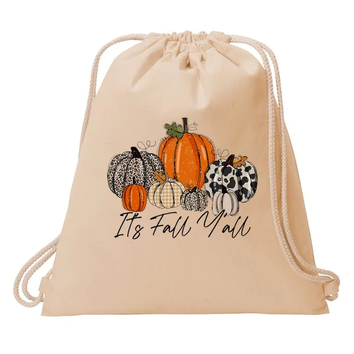 Happy Fall Y’all Pumpkin Leopard Its Fall Yall Thanksgiving Drawstring Bag