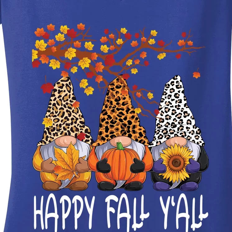 Happy Fall Yall Gnome Leopard Pumpkin Funny Autumn Gnomes Funny Gift Women's V-Neck T-Shirt