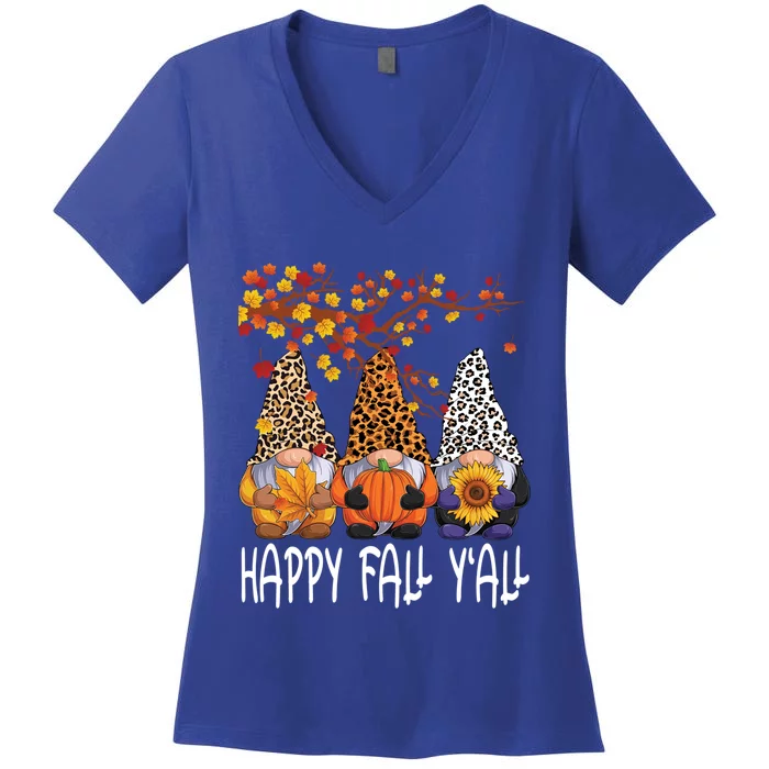 Happy Fall Yall Gnome Leopard Pumpkin Funny Autumn Gnomes Funny Gift Women's V-Neck T-Shirt