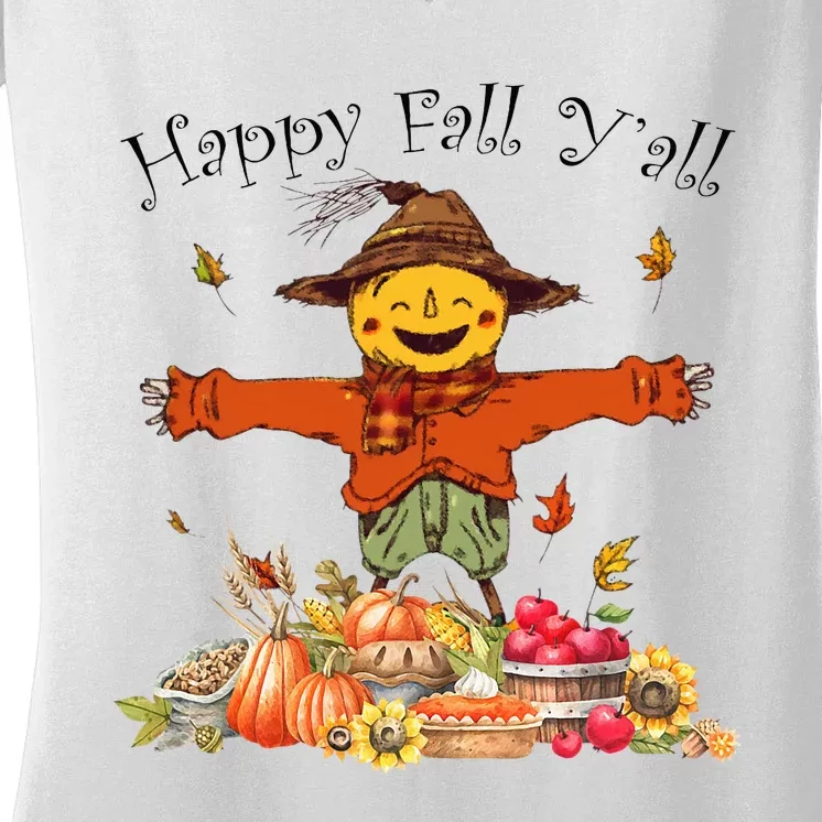 Happy Fall Yall Scarecrow Pumpkin Thanksgiving Halloween Women's V-Neck T-Shirt