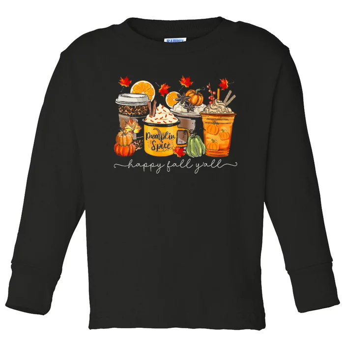 Happy Fall Y'all Latte Coffee Leopard Pumpkin Autumn Toddler Long Sleeve Shirt