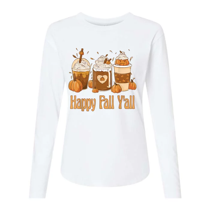 Happy Fall Yall Latte Coffee Leopard Pumpkin Autumn Womens Cotton Relaxed Long Sleeve T-Shirt