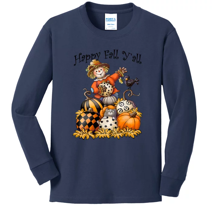 Happy Fall Yall Pumpkin Scarecrow Thanksgiving Halloween Gift Kids Long Sleeve Shirt