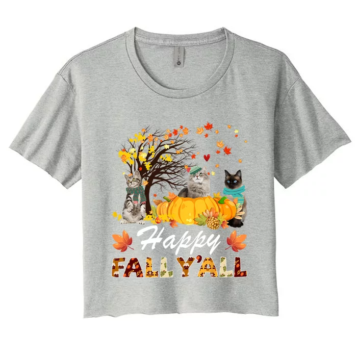 Happy Fall YAll Pumpkin Pickup Truck Cat Thanksgiving T Gift Women's Crop Top Tee