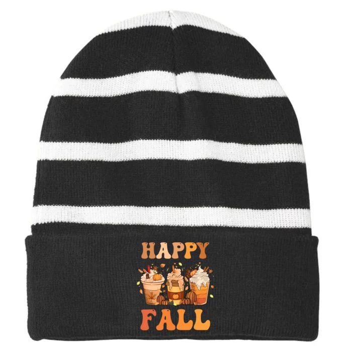 Happy Fall YAll Autumn Halloween Pumpkin Spice Latte Striped Beanie with Solid Band