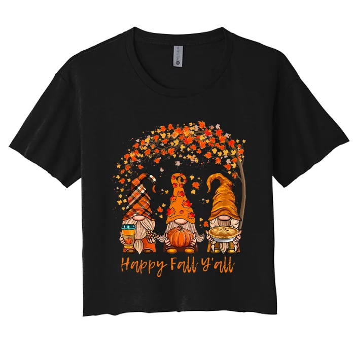 Happy Fall Y'all Gnome Pumpkin Autumn Leaves Thanksgiving Women's Crop Top Tee