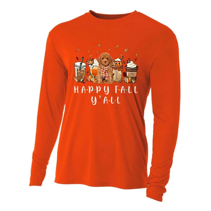 Happy Fall Yall Poodle Dog Coffee Pumpkin Fall Autumn Cooling Performance Long Sleeve Crew