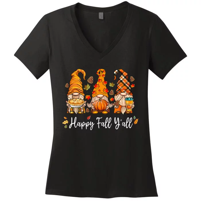 Happy Fall Yall Gnome Pumpkin Truck Autumn Thanksgiving Women's V-Neck T-Shirt