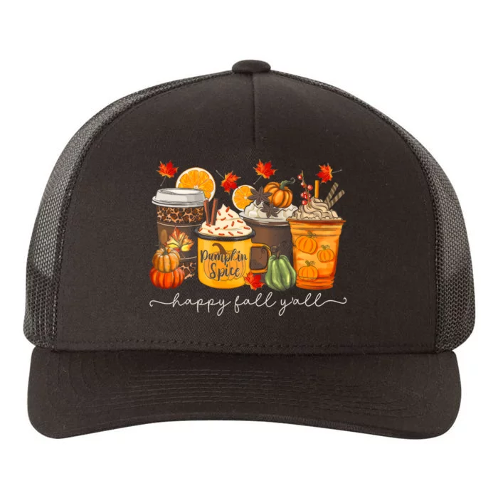 Happy Fall Y'all Latte Coffee Leopard Pumpkin Autumn Yupoong Adult 5-Panel Trucker Hat