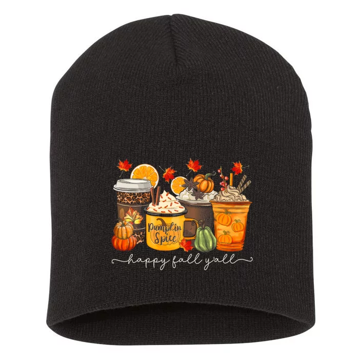 Happy Fall Y'all Latte Coffee Leopard Pumpkin Autumn Short Acrylic Beanie