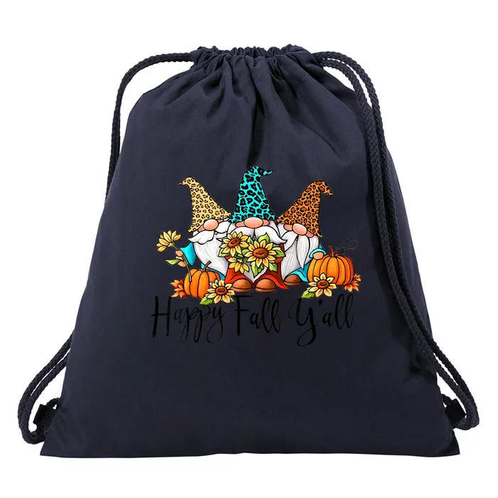 Happy Fall Y'all Gnomes Leopard Pumpkin Autumn Thanksgiving Gift Drawstring Bag