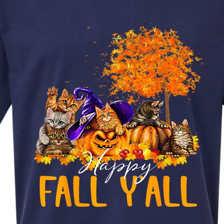 Happy Fall Yall Cats Lover Autumn Pumpkin Maple Halloween Sueded Cloud Jersey T-Shirt