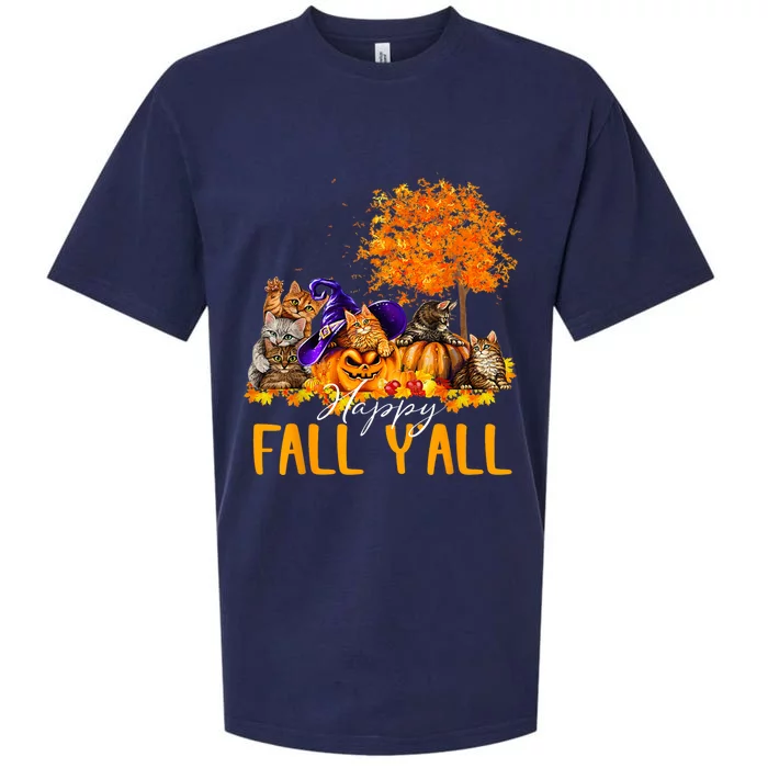 Happy Fall Yall Cats Lover Autumn Pumpkin Maple Halloween Sueded Cloud Jersey T-Shirt