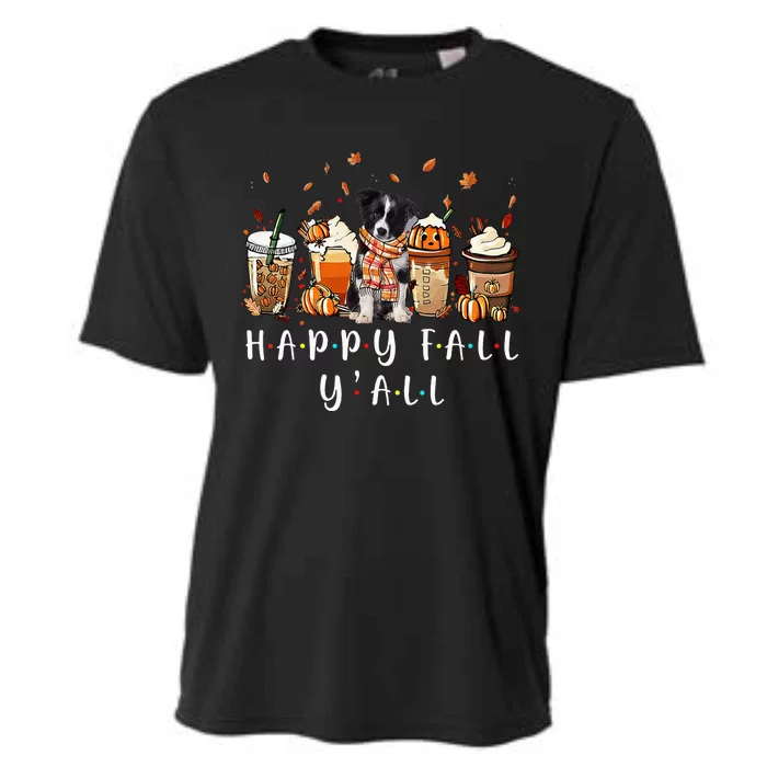 Happy Fall YAll Border Collie Dog Coffee Pumpkin Fall Cooling Performance Crew T-Shirt