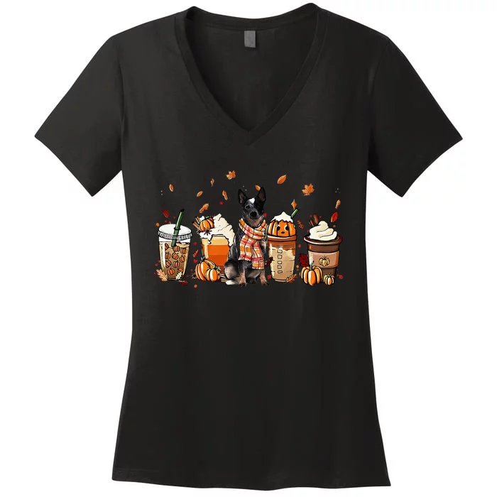 Happy Fall YAll Heeler Dog Coffee Pumpkin Fall Autumn Women's V-Neck T-Shirt