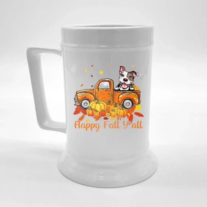 Happy Fall YAll Pitbull Dog Truck Pumpkin Autumn Front & Back Beer Stein