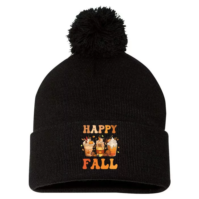 Happy Fall Yall Autumn Halloween Pumpkin Spice Latte Pom Pom 12in Knit Beanie